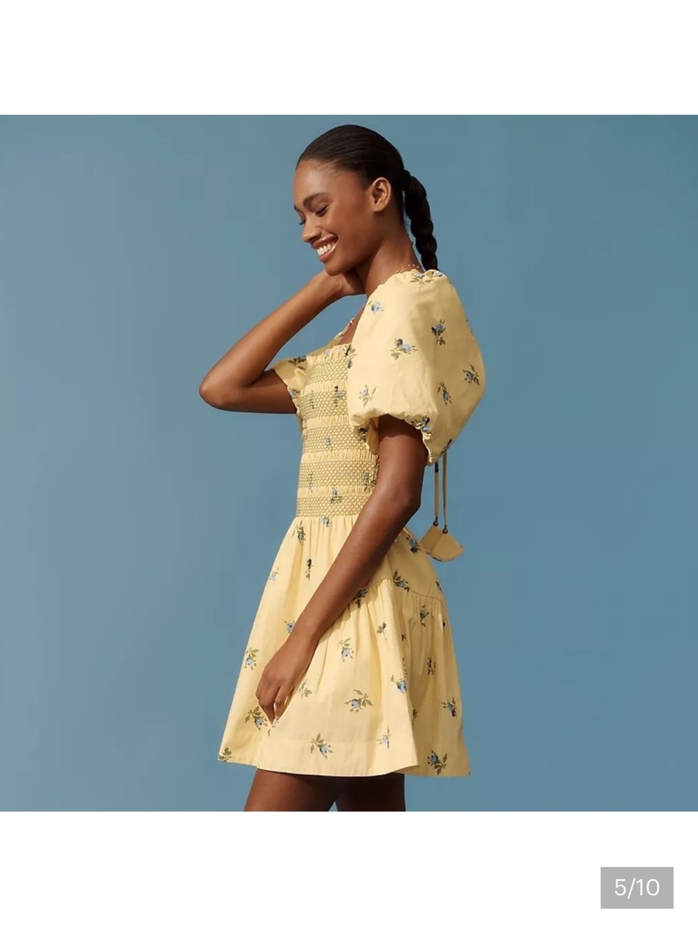 Anthropologie Puff Sleeve Square neck Smocked Mini Dress Large Yellow NWT - Picture 6 of 9
